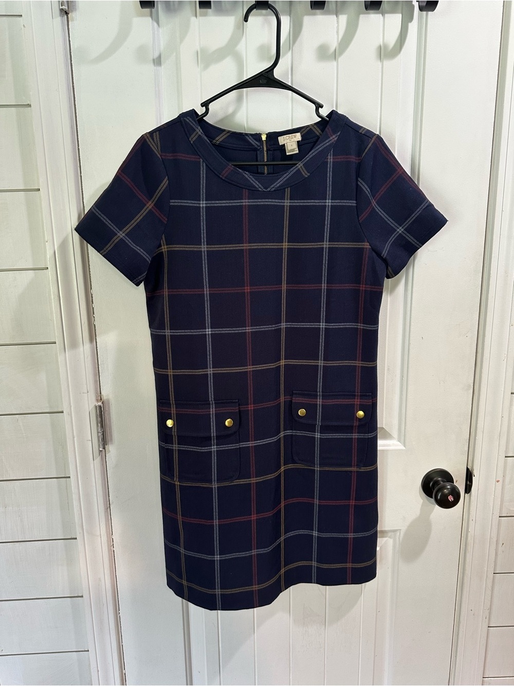 J. Crew Navy Plaid Short-Sleeve Shift Dress with Gold Buttons